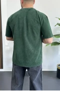 Erkek Oversize Geniş Kesim Yıkamalı Kumaş Nakış Logolu Tişört Yeşil Edw366