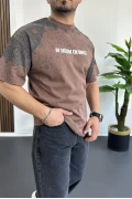 Erkek Oversize Ön ve arka baskılı Desenli Tişört Kahverengi Edw369