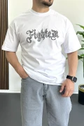 Erkek Oversize Ön ve Arka Kabartmalı Fighter Baskılı Tişört Beyaz Edw367
