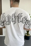 Erkek Oversize Ön ve Arka Kabartmalı Fighter Baskılı Tişört Beyaz Edw367
