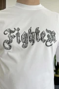 Erkek Oversize Ön ve Arka Kabartmalı Fighter Baskılı Tişört Beyaz Edw367