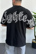 Erkek Oversize Ön ve Arka Kabartmalı Fighter Baskılı Tişört Siyah Edw367