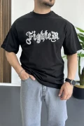 Erkek Oversize Ön ve Arka Kabartmalı Fighter Baskılı Tişört Siyah Edw367