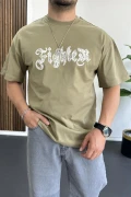 Erkek Oversize Ön ve Arka Kabartmalı Fighter Baskılı Tişört Yeşil Edw367