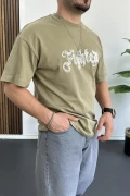 Erkek Oversize Ön ve Arka Kabartmalı Fighter Baskılı Tişört Yeşil Edw367