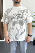 Erkek Oversize Ön ve Arka Kabartmalı Slogan Baskılı Tişört Beyaz Edw368