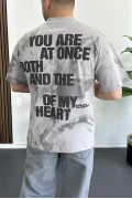 Erkek Oversize Ön ve Arka Kabartmalı Slogan Baskılı Tişört Gri Edw368