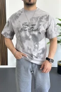 Erkek Oversize Ön ve Arka Kabartmalı Slogan Baskılı Tişört Gri Edw368