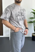 Erkek Oversize Ön ve Arka Kabartmalı Slogan Baskılı Tişört Gri Edw368