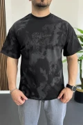 Erkek Oversize Ön ve Arka Kabartmalı Slogan Baskılı Tişört Siyah Edw368