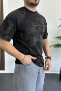 Erkek Oversize Ön ve Arka Kabartmalı Slogan Baskılı Tişört Siyah Edw368