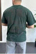 Erkek Oversize Ön ve Arka Kabartmalı Slogan Baskılı Tişört Yeşil Edw368