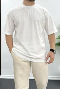Erkek Oversize Pamuklu Basic T-shirt Ekru Edw089