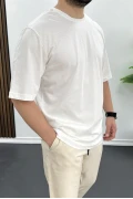 Erkek Oversize Pamuklu Basic T-shirt Ekru Edw089