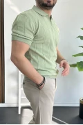Erkek Polo Yaka Fermuarlı Desenli Tişört Açık Yeşil Edw262