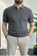 Erkek Polo Yaka Fermuarlı Desenli Tişört Füme Edw262