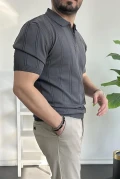 Erkek Polo Yaka Fermuarlı Desenli Tişört Füme Edw262