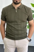 Erkek Polo Yaka Fermuarlı Desenli Tişört Haki Edw262