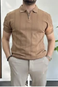 Erkek Polo Yaka Fermuarlı Desenli Tişört Kahverengi Edw262