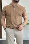 Erkek Polo Yaka Fermuarlı Desenli Tişört Kahverengi Edw262