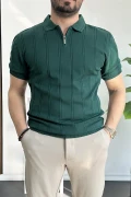 Erkek Polo Yaka Fermuarlı Desenli Tişört Koyu Yeşil Edw262