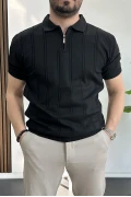 Erkek Polo Yaka Fermuarlı Desenli Tişört Siyah Edw262
