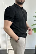 Erkek Polo Yaka Fermuarlı Desenli Tişört Siyah Edw262