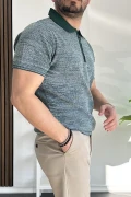 Erkek Polo Yaka Fermuarlı Renk Desenli Tişört Yeşil Edw263