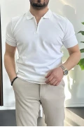 Erkek Polo Yaka Polo Yaka Fermuarlı Düz Tişört Beyaz Edw261
