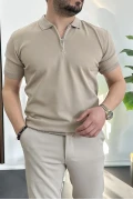 Erkek Polo Yaka Polo Yaka Fermuarlı Düz Tişört Vizon Edw261