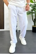 Erkek Rahat Kalıp Keten Görünümlü Pamuklu Beli Lastikli Pantolon Beyaz Edw404