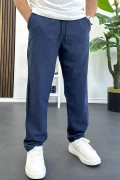 Erkek Rahat Kalıp Keten Görünümlü Pamuklu Beli Lastikli Pantolon Lacivert Edw404