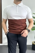 Erkek Renk Bloklu Polo Yaka Yarım Fermuarlı Tişört Kiremit Edw234