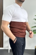 Erkek Renk Bloklu Polo Yaka Yarım Fermuarlı Tişört Kiremit Edw234