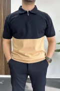 Erkek Renk Bloklu Polo Yaka Yarım Fermuarlı Tişört Lacivert Edw234