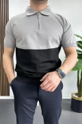 Erkek Renk Bloklu Polo Yaka Yarım Fermuarlı Tişört Siyah Edw234