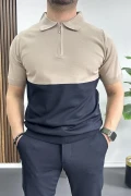 Erkek Renk Bloklu Polo Yaka Yarım Fermuarlı Tişört Vizon Edw234