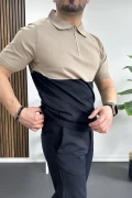 Erkek Renk Bloklu Polo Yaka Yarım Fermuarlı Tişört Vizon Edw234
