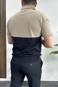 Erkek Renk Bloklu Polo Yaka Yarım Fermuarlı Tişört Vizon Edw234