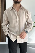 Erkek Salaş Modal Kumaş Gömlek Bej Edw267