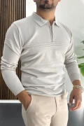 Erkek Slim Fit Çizgi Detaylı Polo Yaka Kazak Gri Edw427