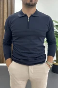 Erkek Slim Fit Çizgi Detaylı Polo Yaka Kazak Lacivert Edw427