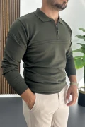 Erkek Slim Fit Çizgi Detaylı Polo Yaka Kazak Yeşil Edw427