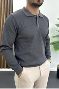 Erkek Slim Fit Desenli Polo Yaka Kazak Gri Edw426