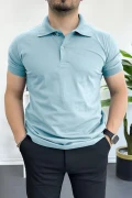 Erkek Slim Fit Düz Renk Pamuklu Soft Polo Tişört Açık Mavi Edw365