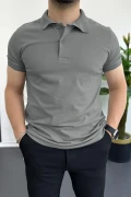 Erkek Slim Fit Düz Renk Pamuklu Soft Polo Tişört Füme Edw365