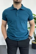 Erkek Slim Fit Düz Renk Pamuklu Soft Polo Tişört Mavi Edw365