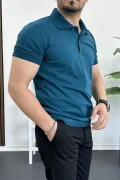 Erkek Slim Fit Düz Renk Pamuklu Soft Polo Tişört Mavi Edw365