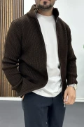 Erkek Slim Fit Fermuarlı Hırka Kahverengi Edw434