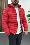 Erkek Slim Fit Kapüşonlu Şişme Mont Kırmızı Edw435